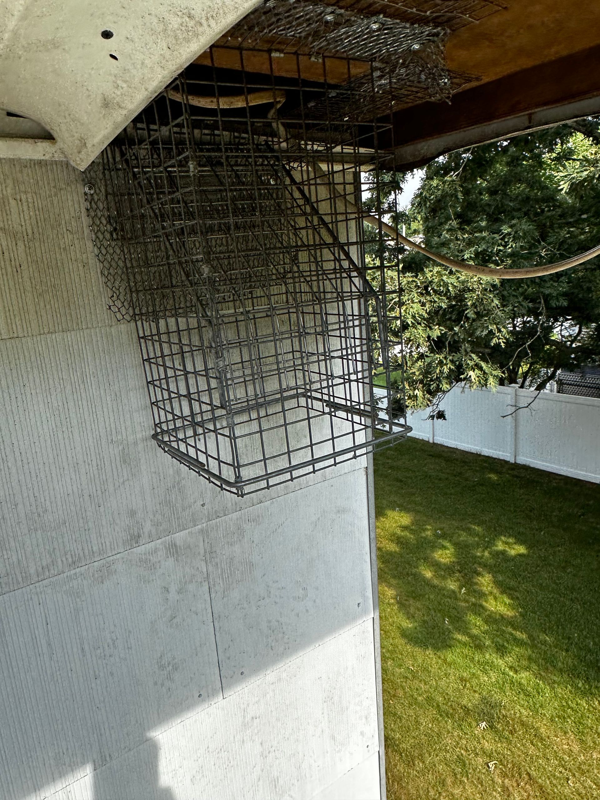 Empty wire basket mounted under an eave beside a white wall and green lawn