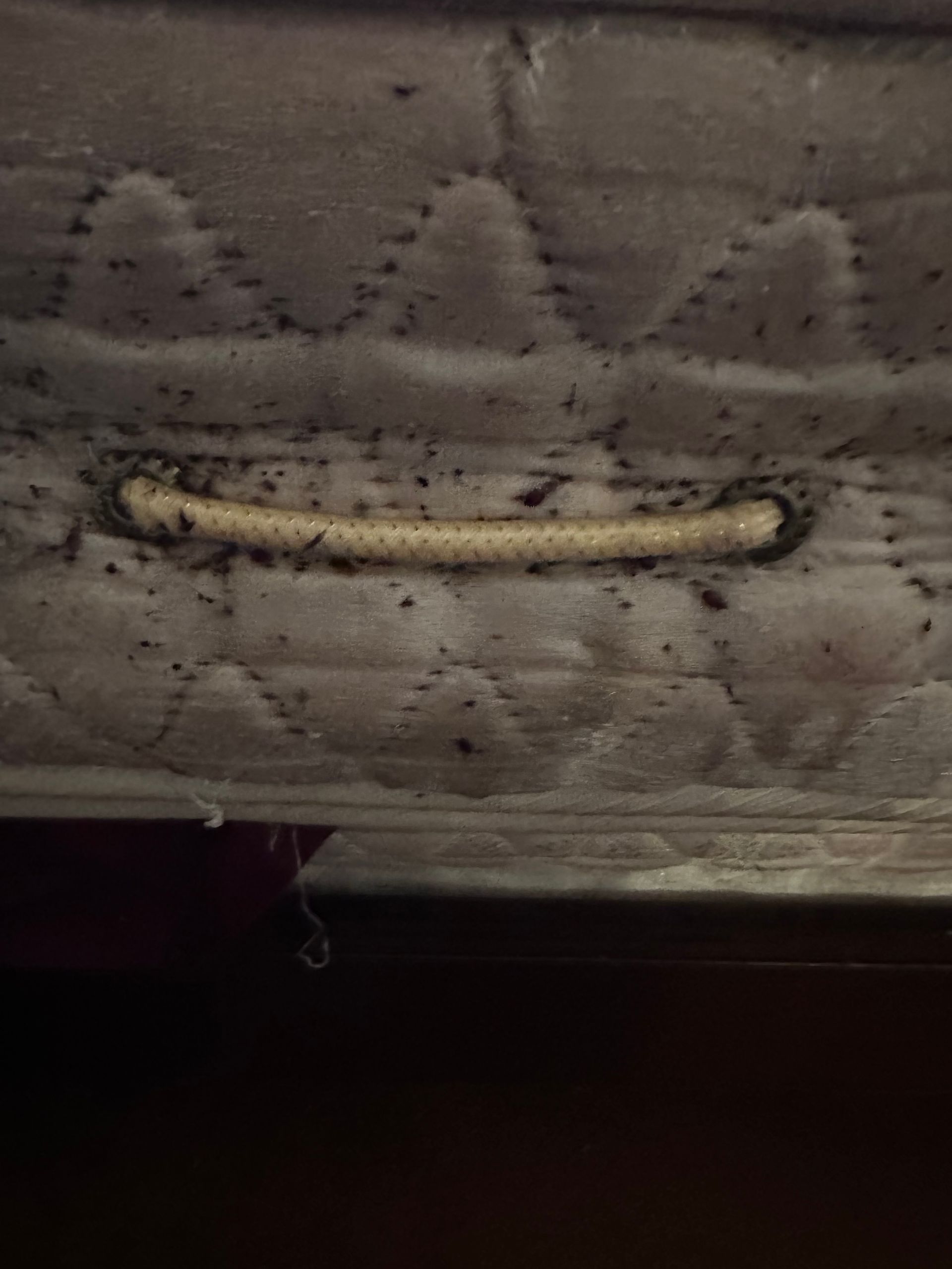 Close-up of a stitched beige upholstery handle on a dark fabric seat or cushion.