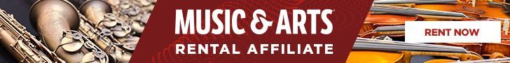 A red sign that says music & arts rental affiliate