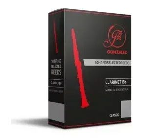 Box of Gonzalez Bb clarinet reeds, black with red reed illustration, 10 Hand Selected Reeds text.