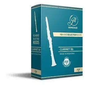 Box of Gonzalez Bb clarinet reeds, teal with white clarinet illustration and text.