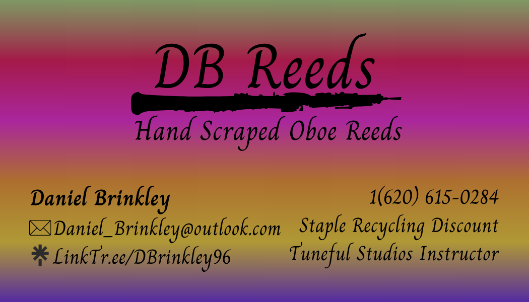 A business card for DB Reeds' hand scraped oboe reeds