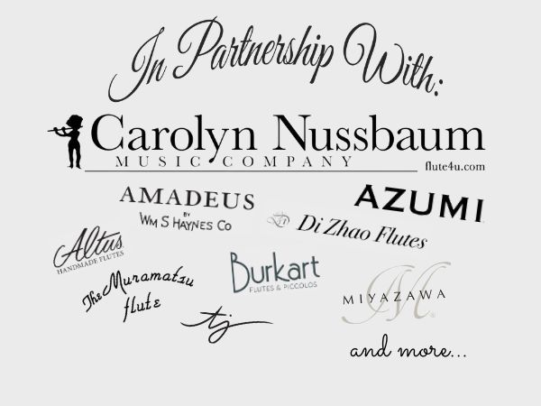 Partnership graphic featuring Carolyn Nussbaum Music Company and various flute brands including Azumi, Altus, and Miyazawa.