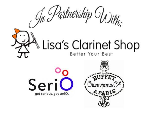 Logos for partners: Lisa's Clarinet Shop, Serio, and Buffet Crampon. A cartoon child holds a clarinet.