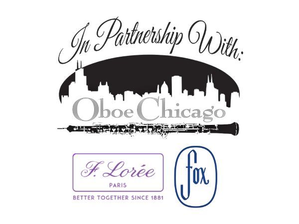 Logo for Oboe Chicago, partnered with F. Lorée Paris and Fox, with a cityscape and oboe graphic.