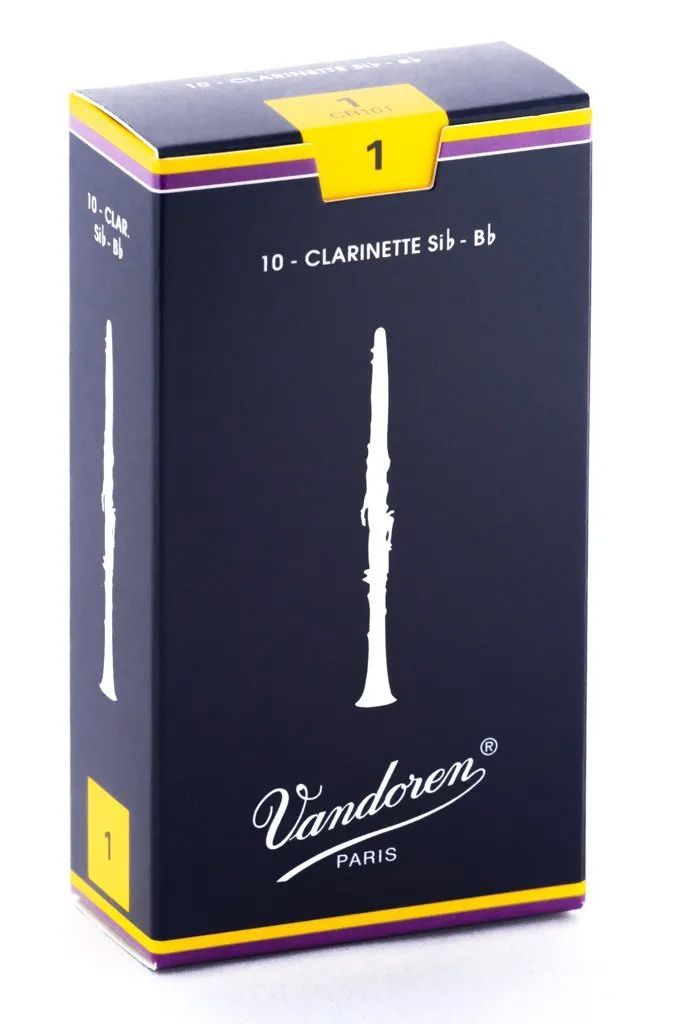 Box of Vandoren clarinet reeds, black with gold and purple accents, showing a clarinet outline.