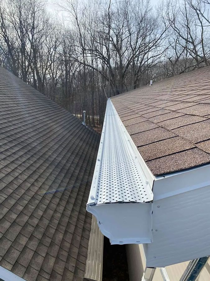 White gutter with mesh cover on a brown shingled roof, trees in the background.