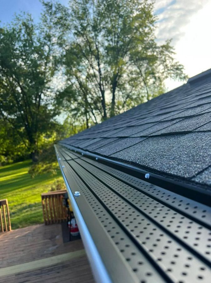 Close-up of a roof with black shingles and a gutter with a black mesh guard. Green grass and trees are in the background.