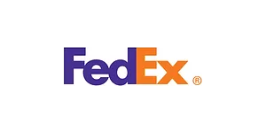 The fedex logo is purple and orange on a white background