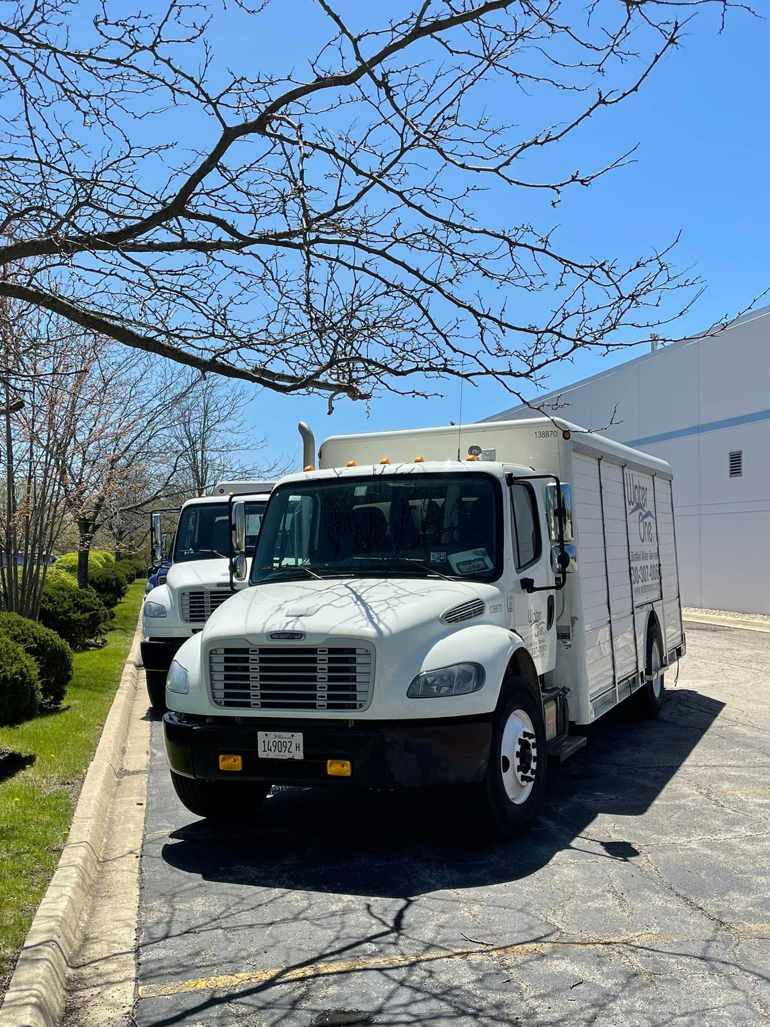 A row of white trucks are parked in a parking lot.