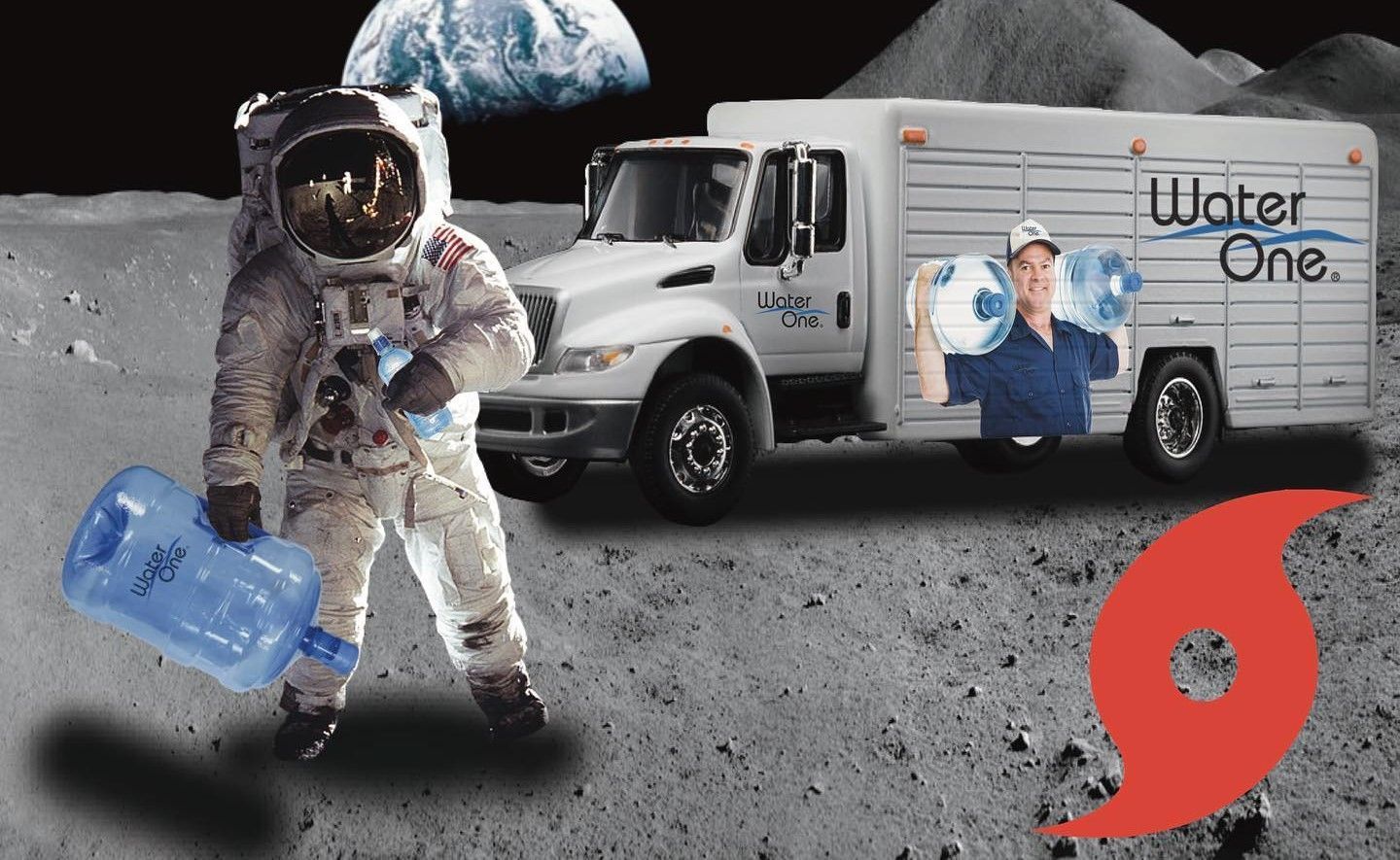 An astronaut is holding a water bottle in front of a water one truck.