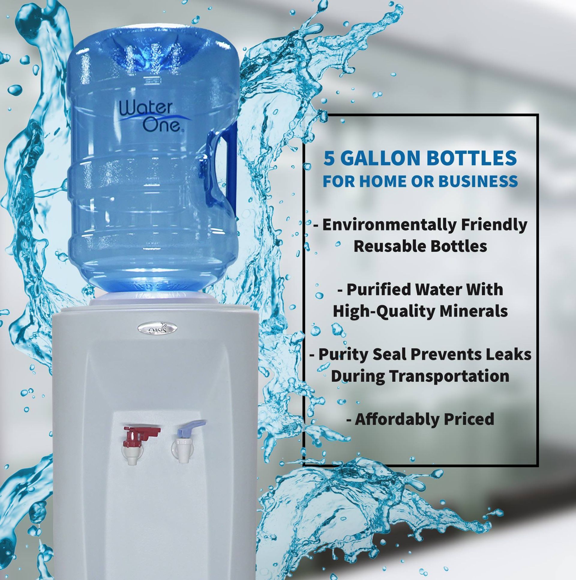 A 5 gallon water bottle sitting on top of a water dispenser.