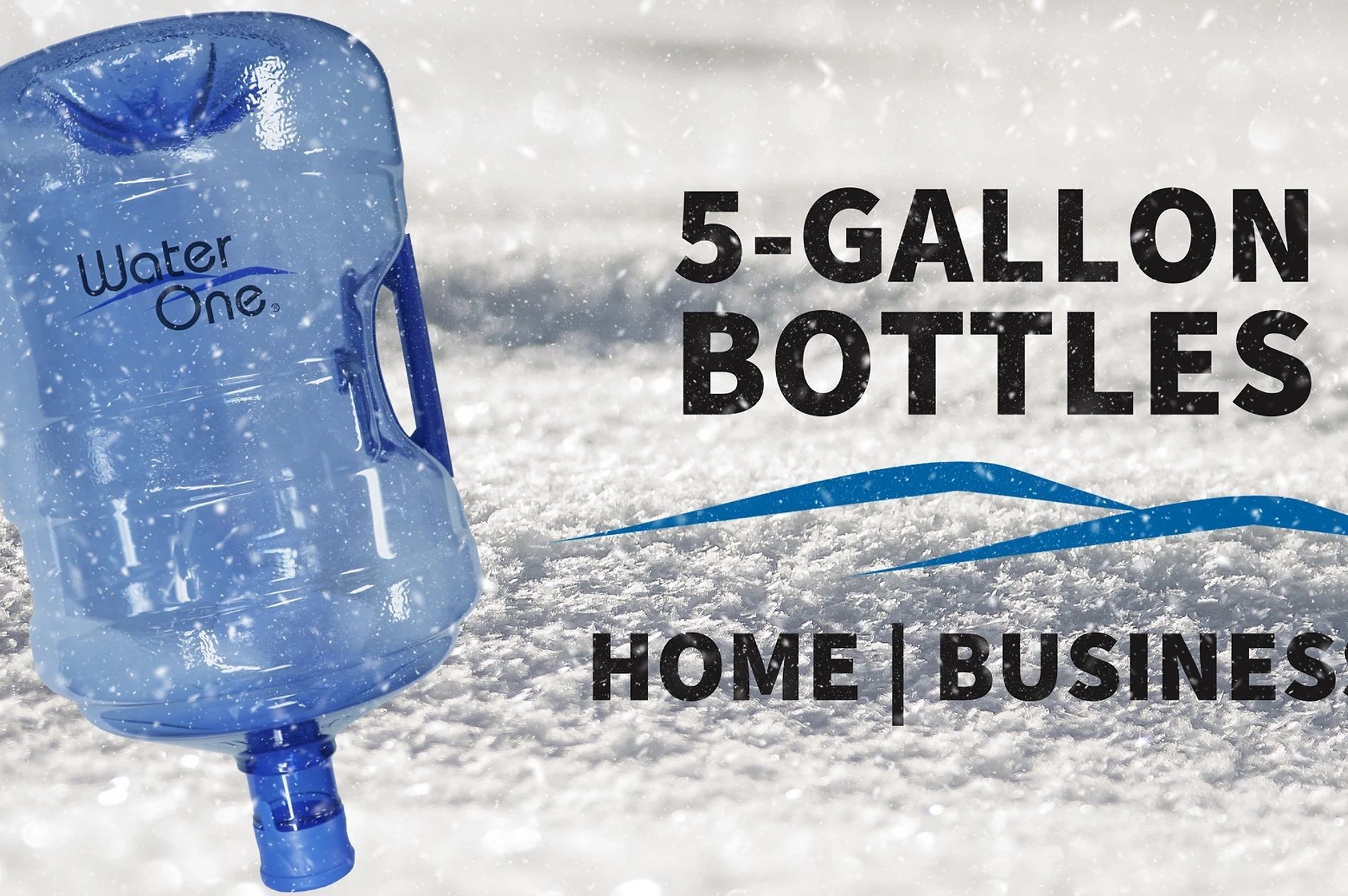 A 5 gallon water bottle is sitting in the snow.