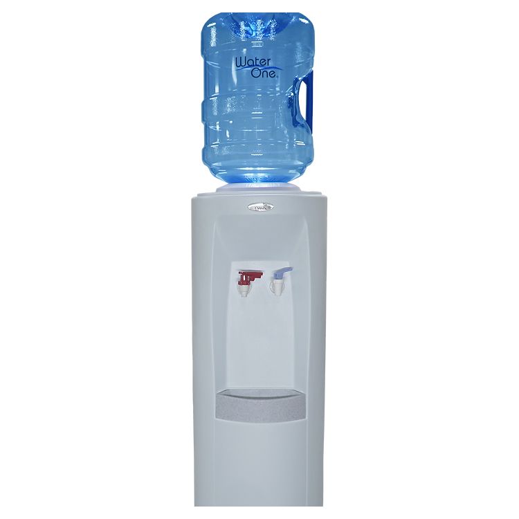 A white water dispenser with a blue bottle on top of it.