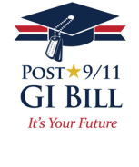 Post-9/11 GI Bill logo: Graduation cap with dog tag, red/blue ribbon, text 