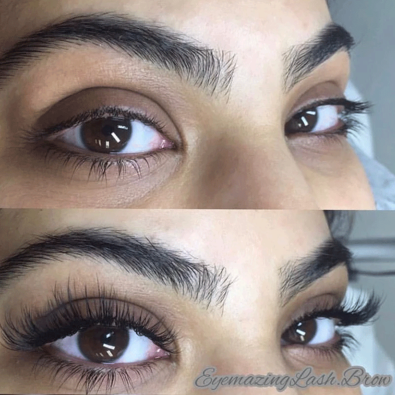 A close up of a woman 's eyes before and after eyelash extensions
