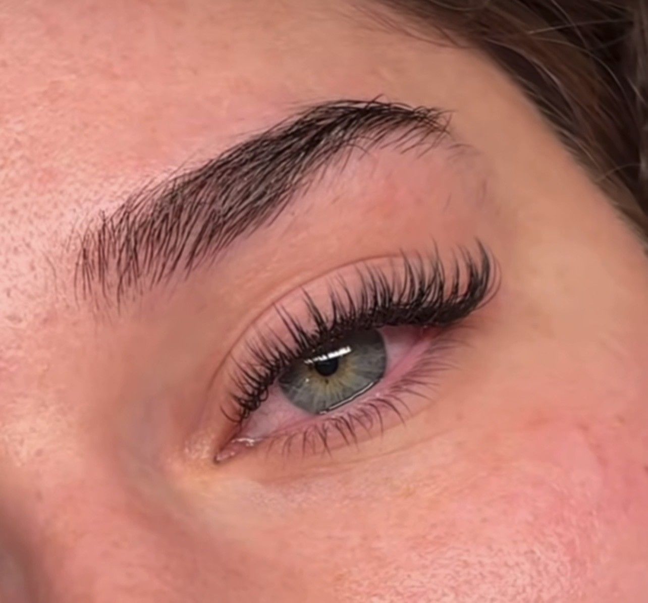 Close-up of a green eye with long curled eyelashes and a shaped eyebrow
