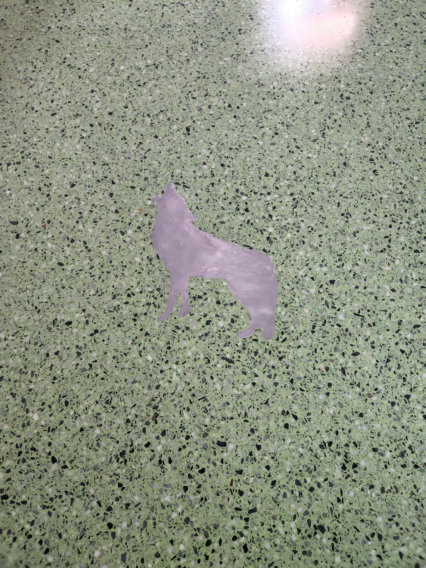 A purple dog is sitting on a green floor.