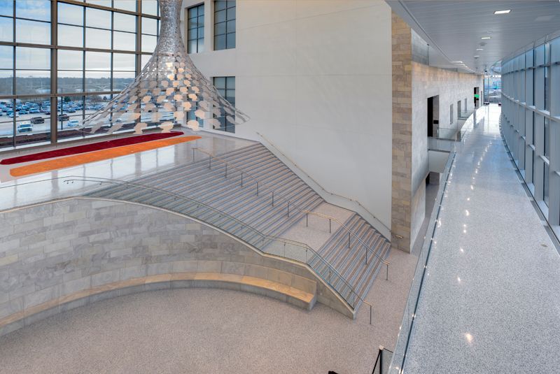 An aerial view of a building with stairs and windows