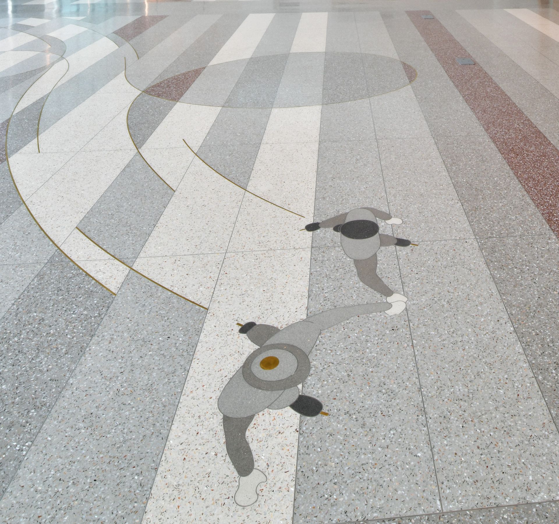 A drawing of two people on a tiled floor