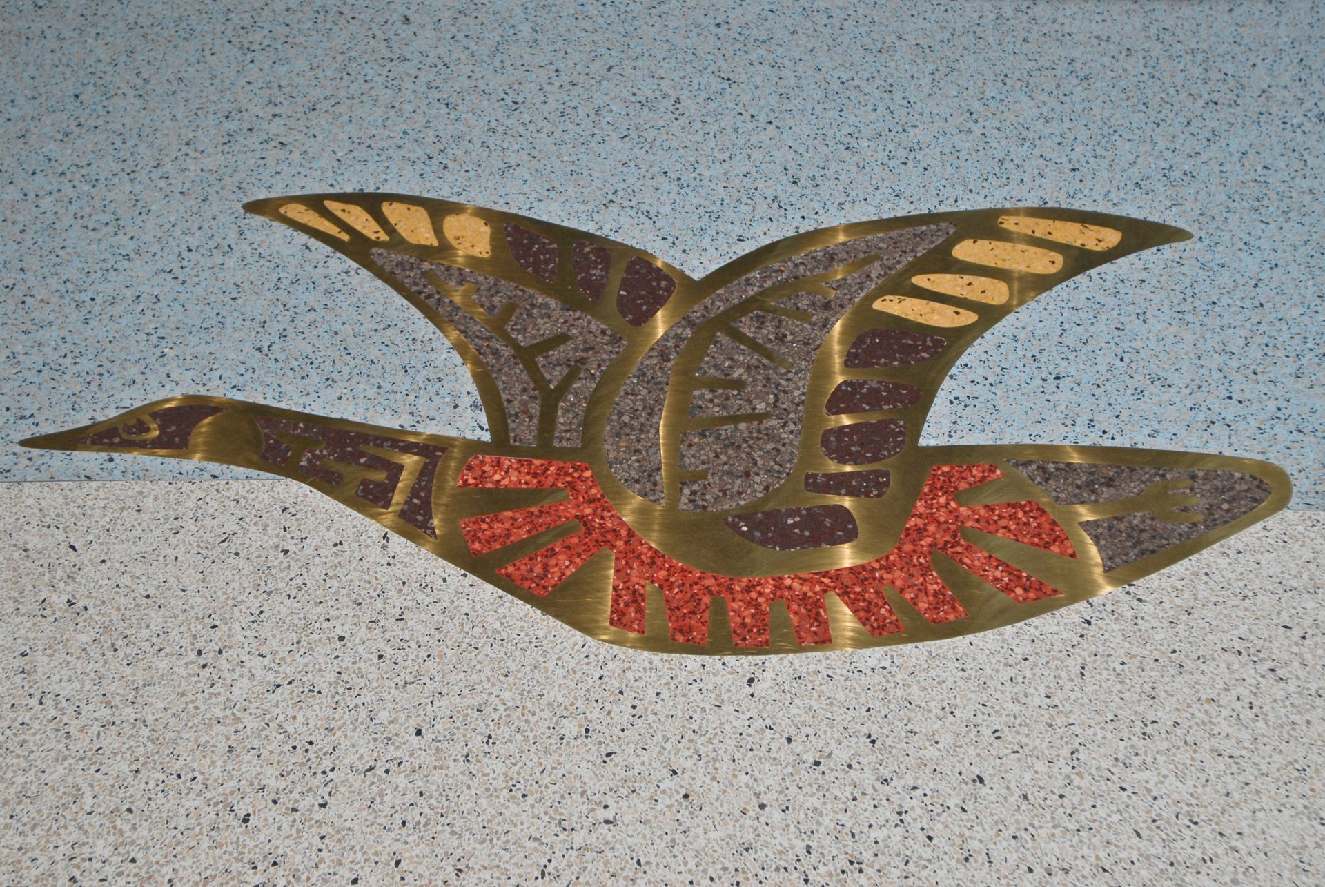 A painting of a bird flying on a blue and white background