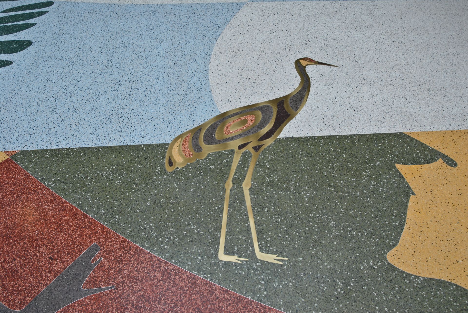 A painting of a bird on a tiled floor
