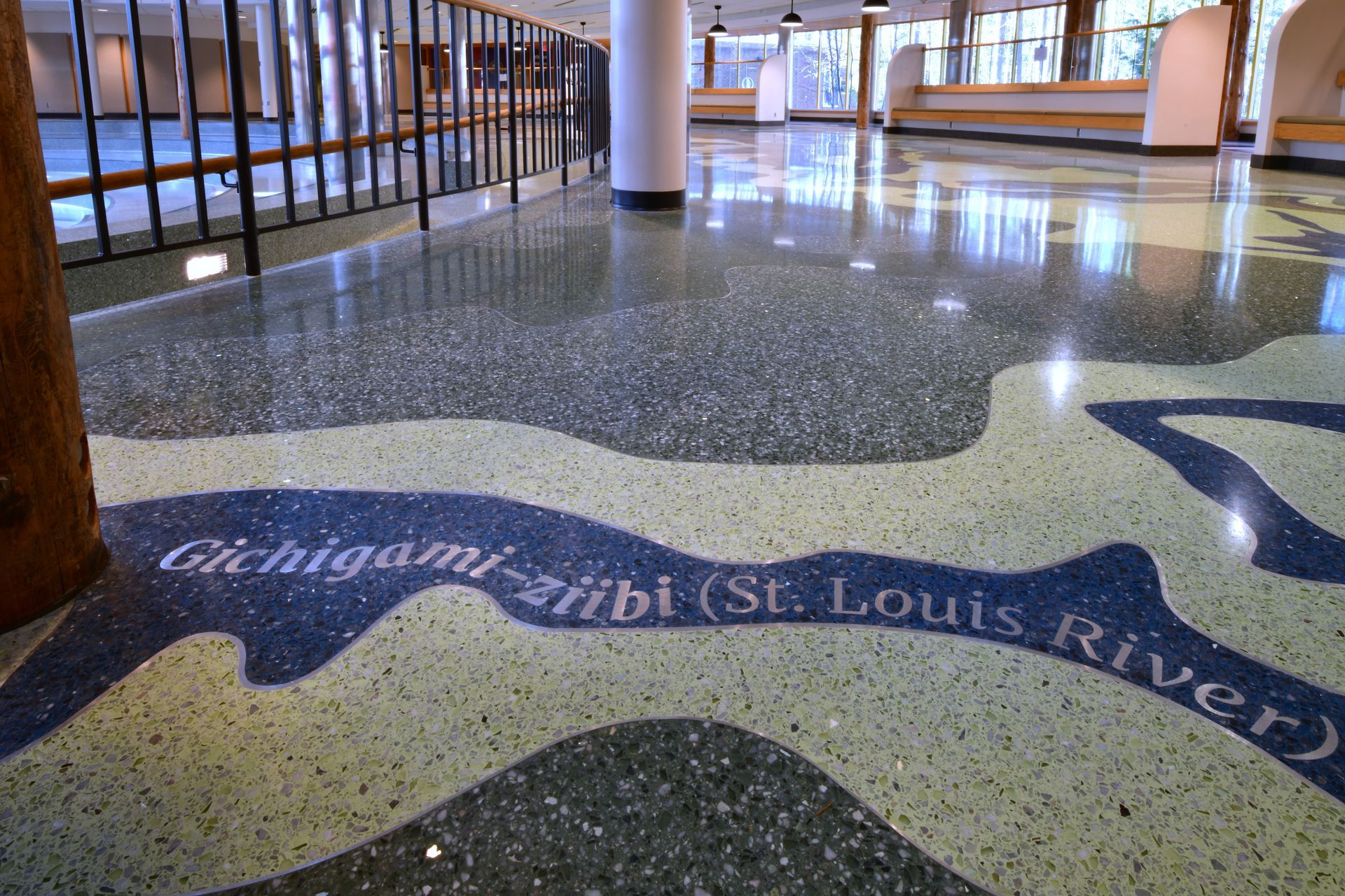 The floor of a building has a map of the st. louis river on it