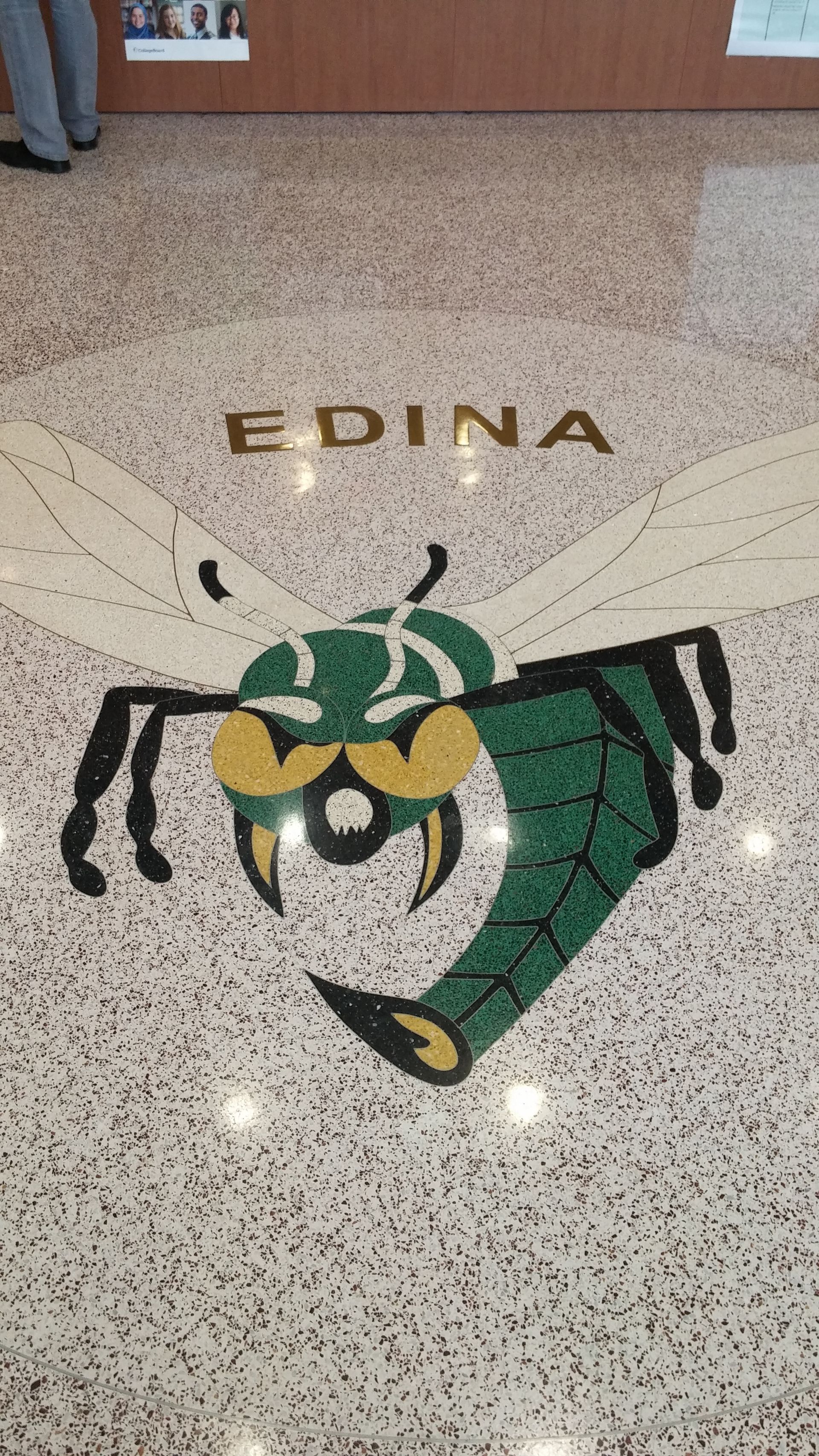 A picture of a wasp on the floor of a building.