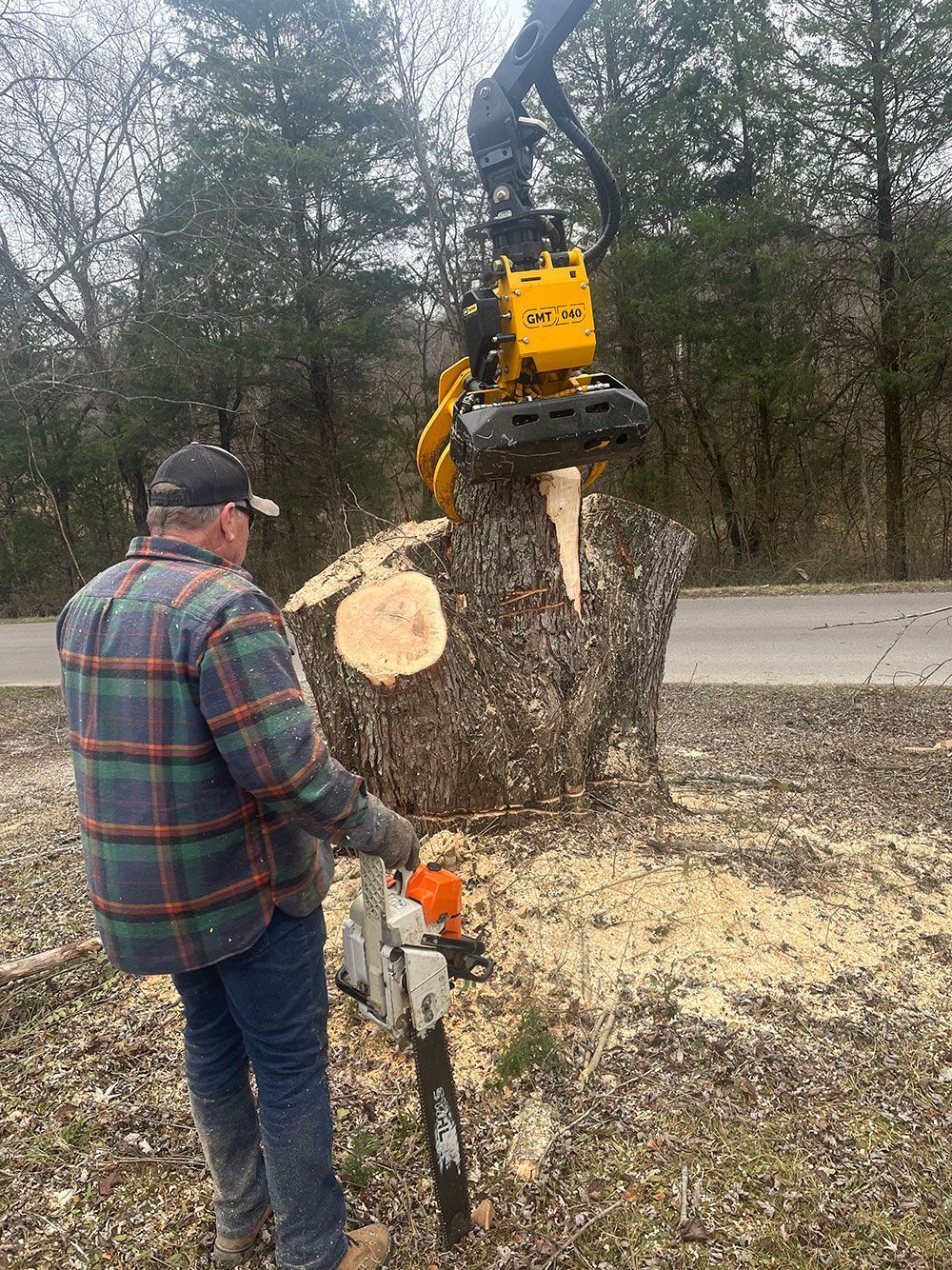 A man is cutting a tree with a chainsaw.