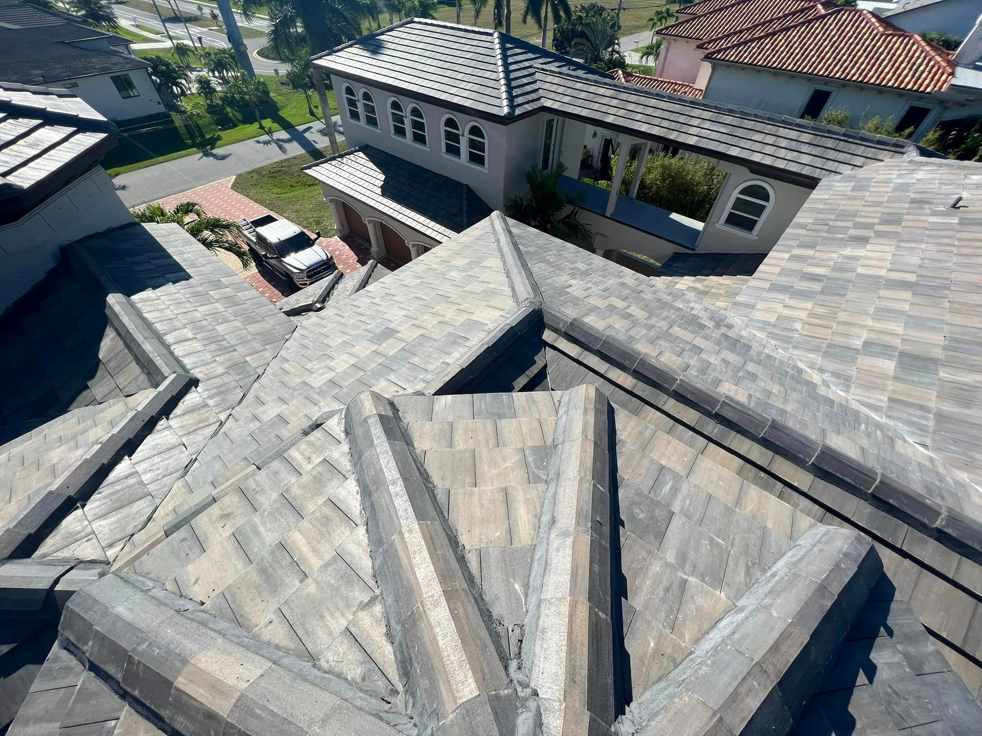 An aerial view of the roof of a house