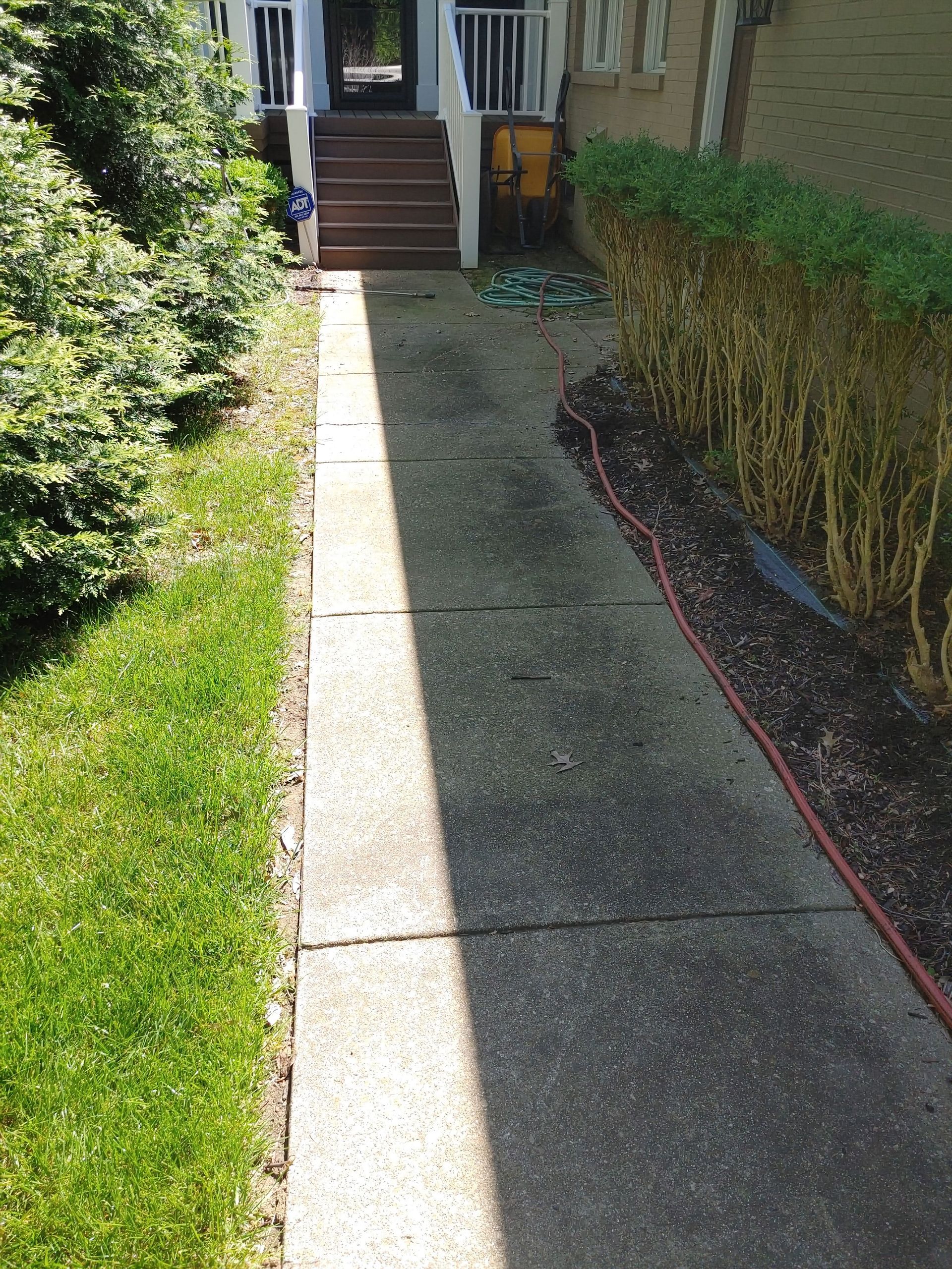A concrete walkway leading to the front door of a house.