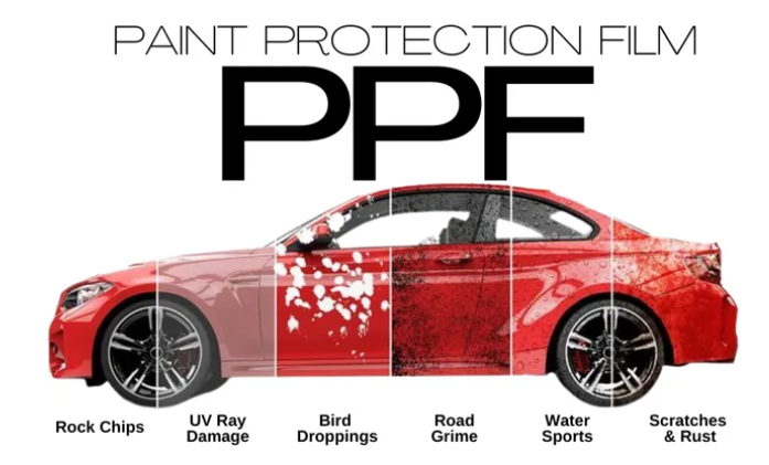 A red car with paint protection film on it