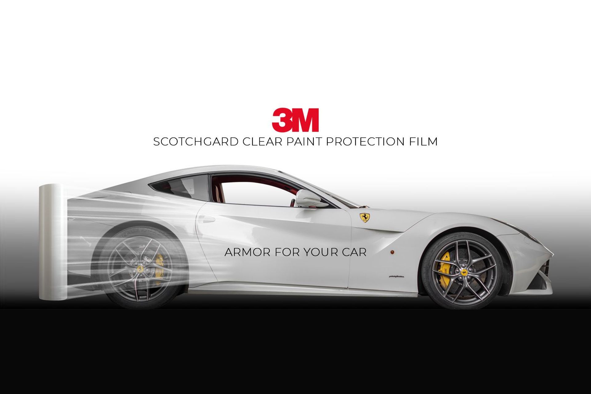 A white sports car is wrapped in 3m scotchgard clear paint protection film