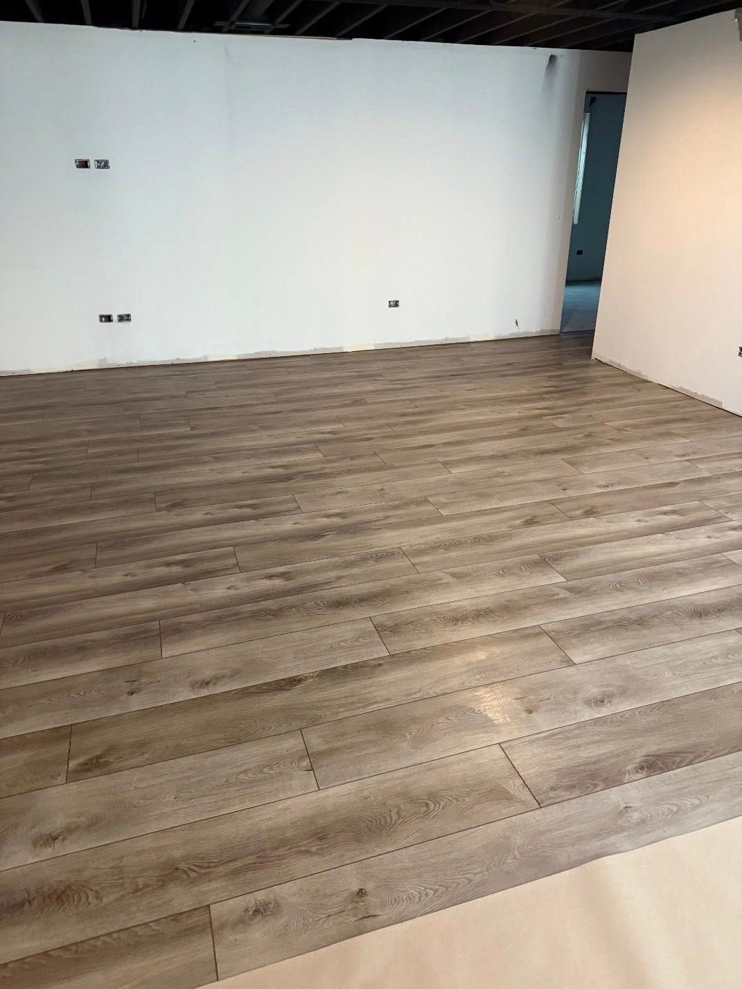 Empty room with light-colored wood-look flooring and white walls. Black ceiling.