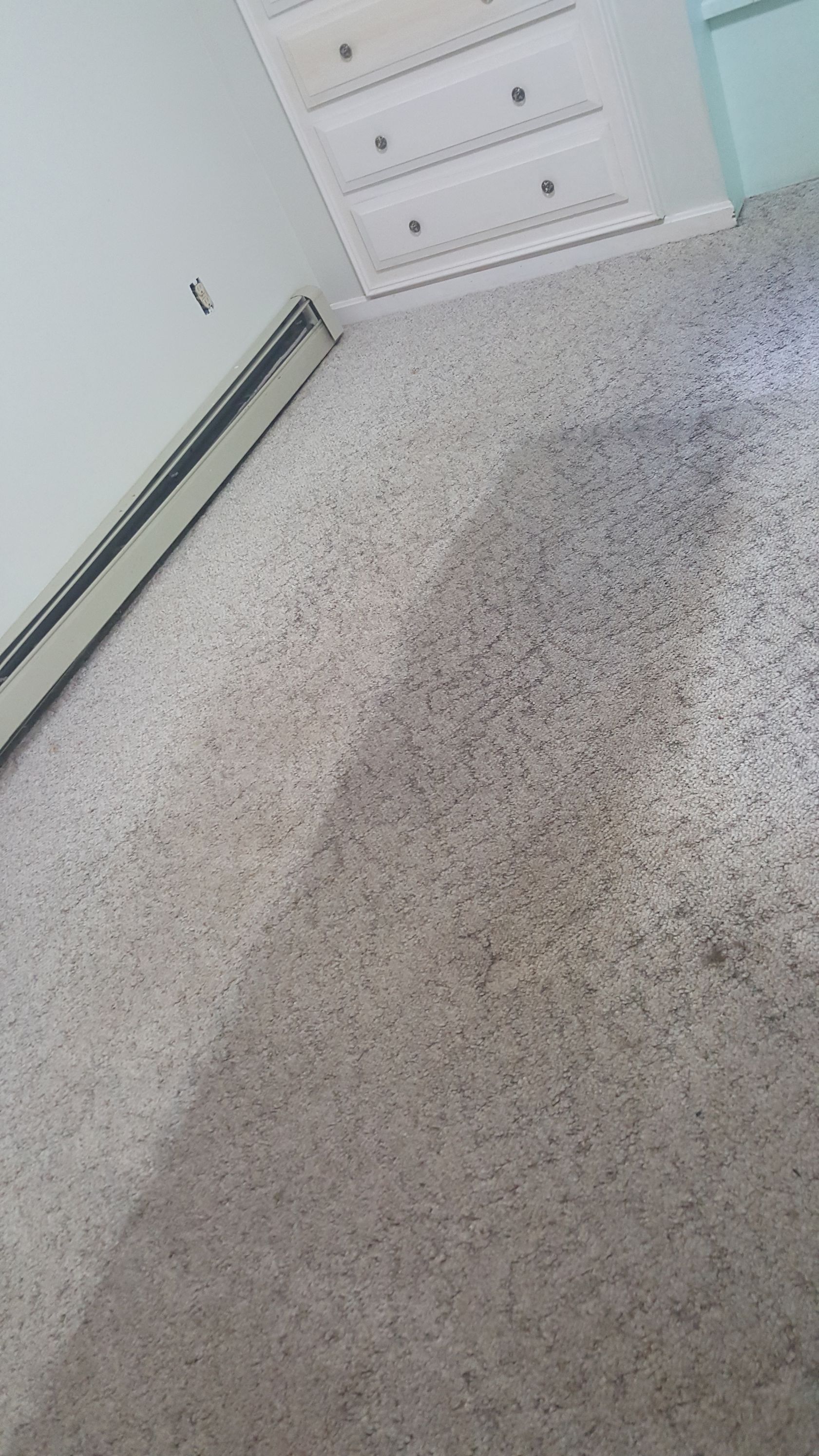 a room with a carpeted floor and a dresser