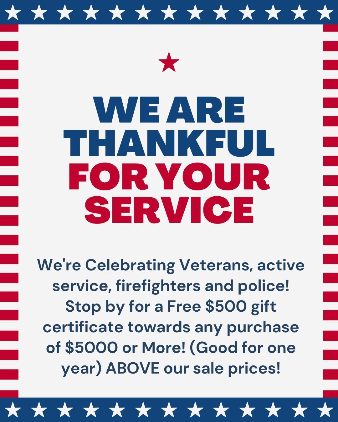 Patriotic poster thanking veterans, firefighters, and police.