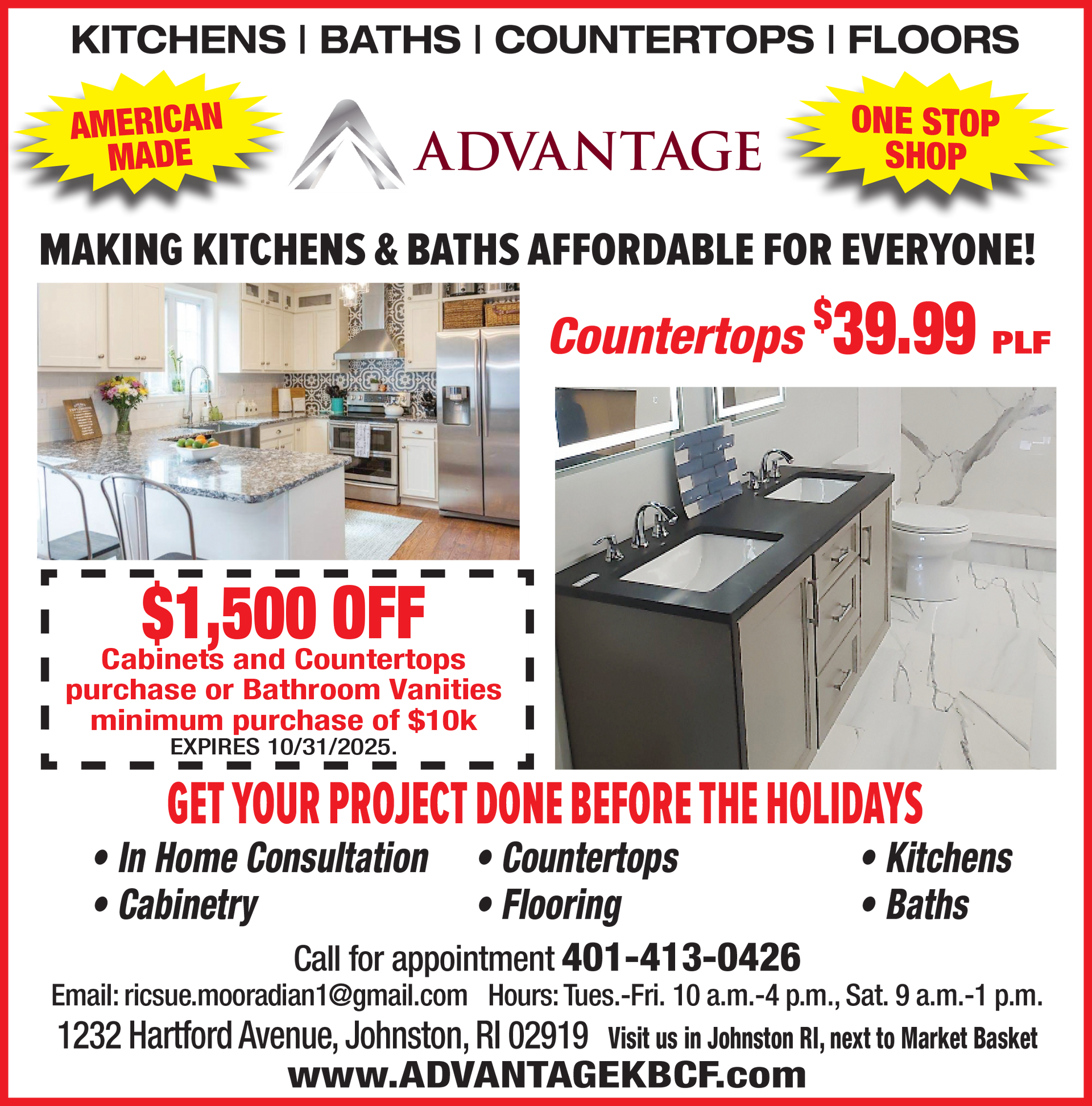 Advertisement for kitchen and bath renovations. Includes photos, pricing, and contact information.