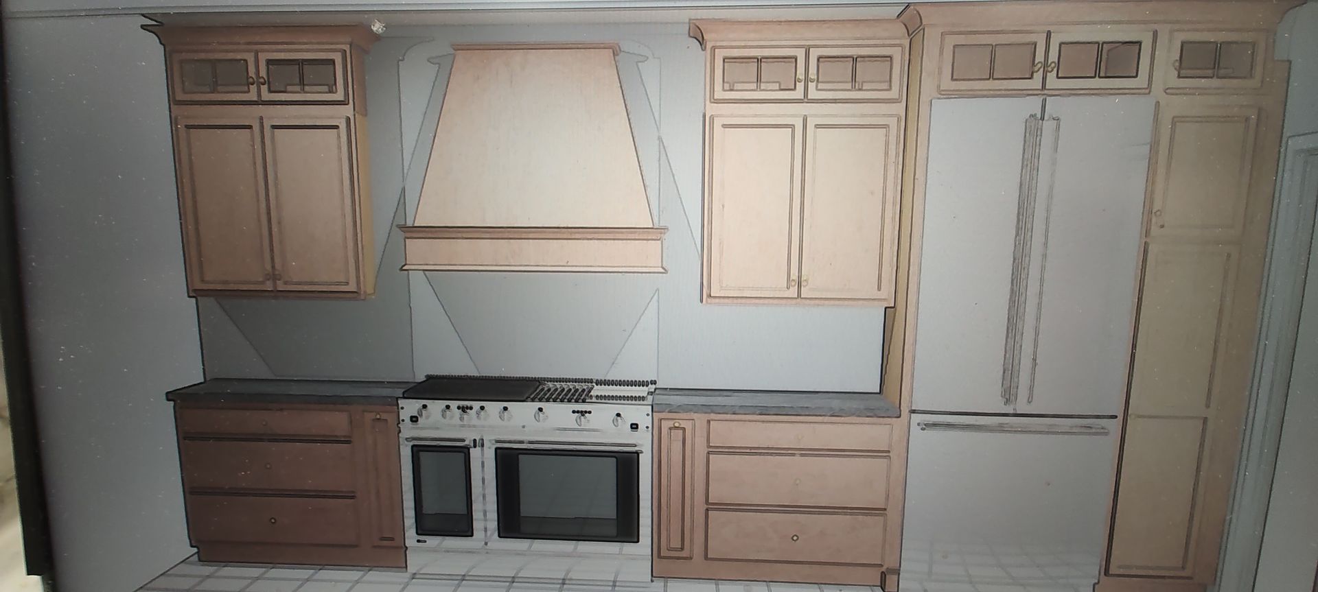 A drawing of a kitchen with wooden cabinets and appliances