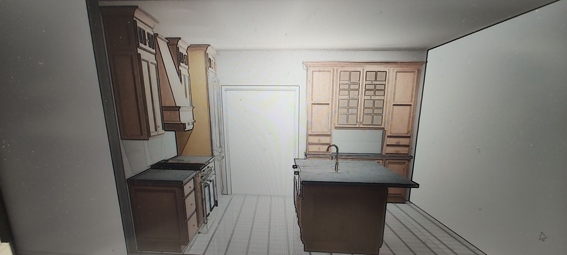 A computer generated image of a kitchen with wooden cabinets and a large island.