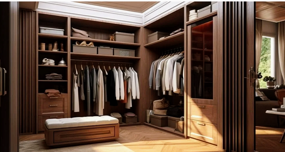 A walk in closet filled with lots of clothes and a bench.