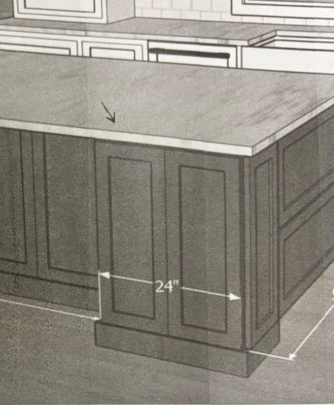 A black and white drawing of a kitchen island measuring 24 inches