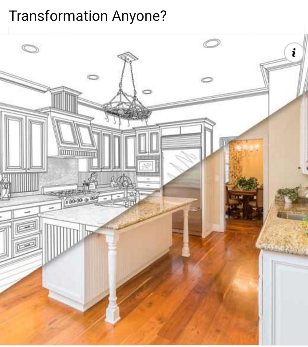 A drawing of a kitchen next to a real kitchen.