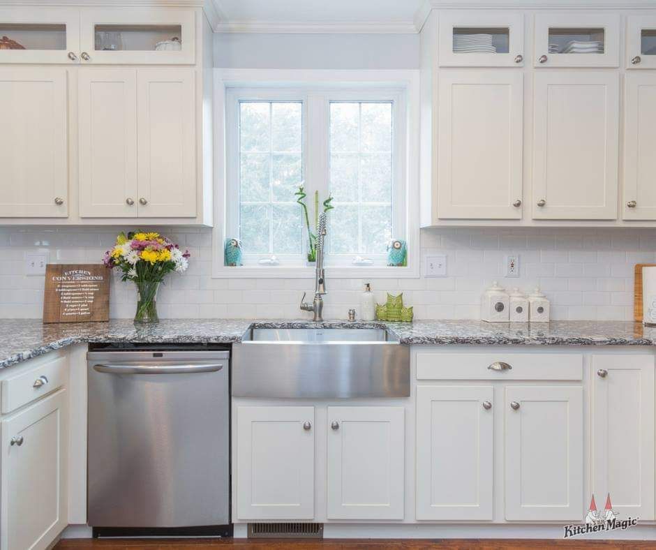 A kitchen with white cabinets, a stainless steel sink, a dishwasher, and a window.