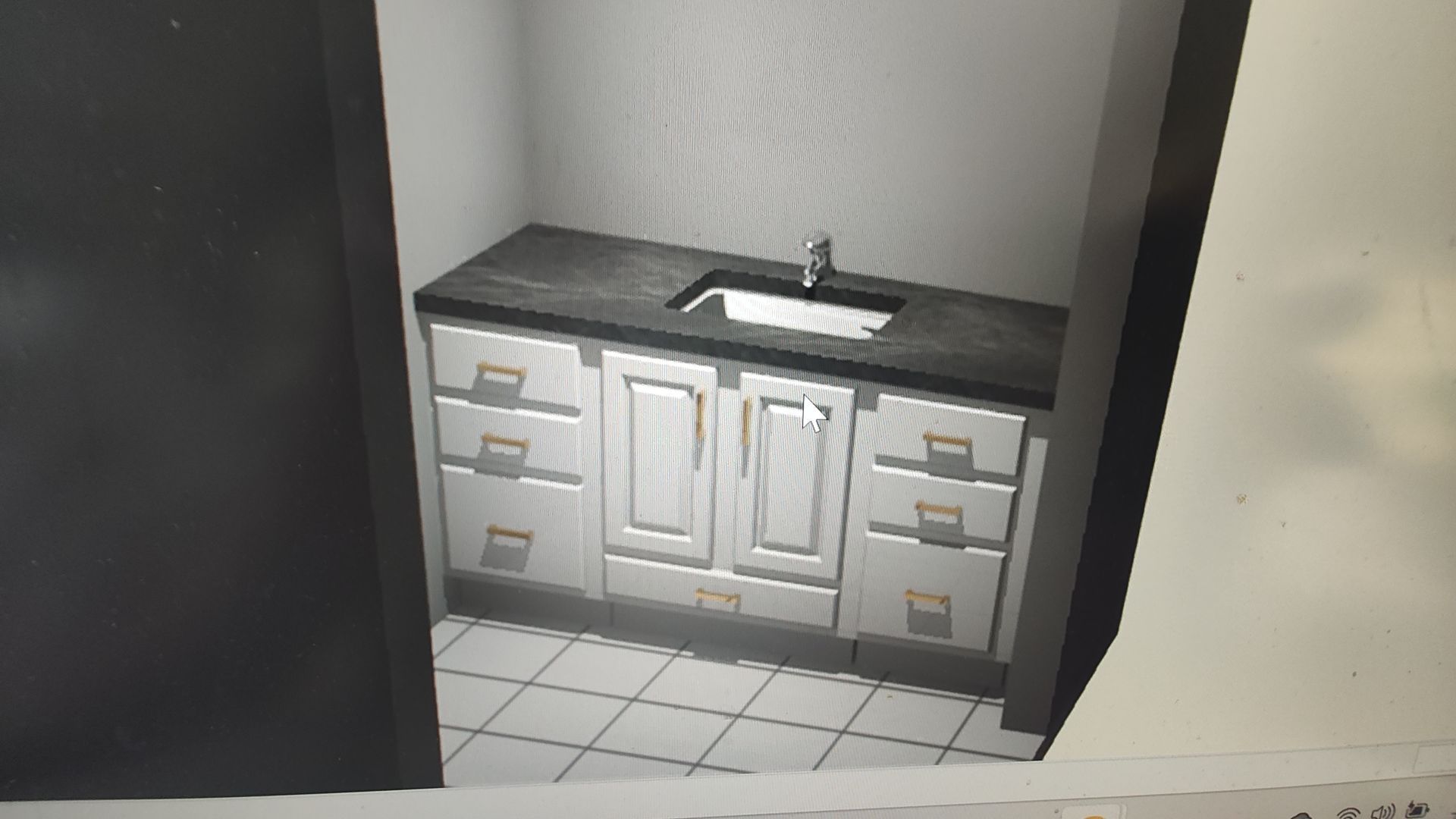 A drawing of a bathroom with a sink and drawers