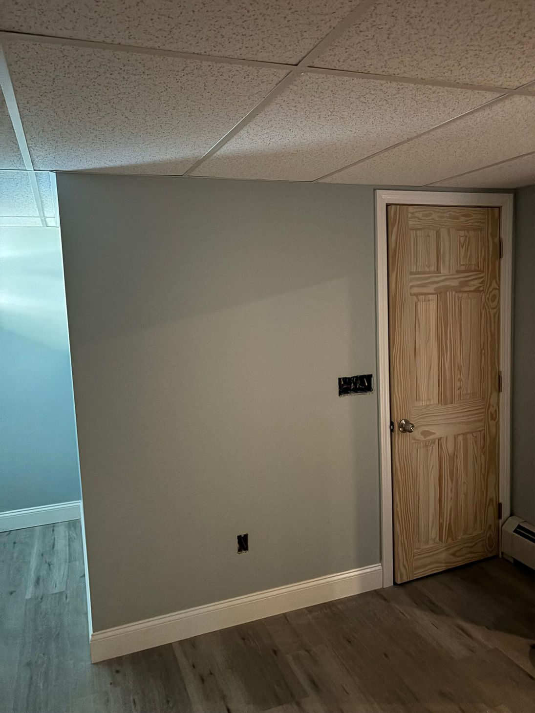 A room with light gray walls, a wooden door, and a white ceiling.