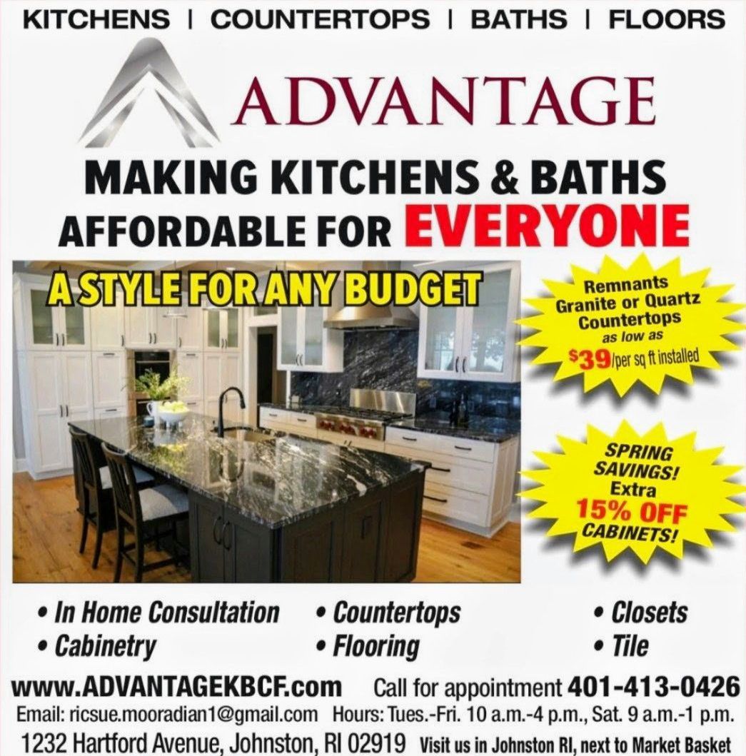 Advantage Kitchens & Baths advertisement featuring a kitchen photo, 15% off cabinet sale, and contact/location details.