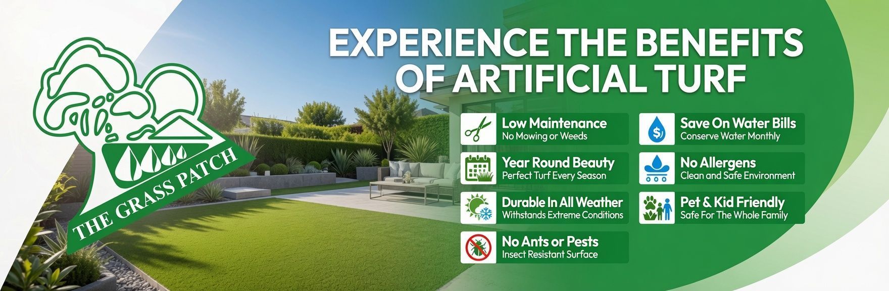 Green promotional banner for artificial turf with field photo and benefit icons, titled Experience the Benefits of Artificial Turf.