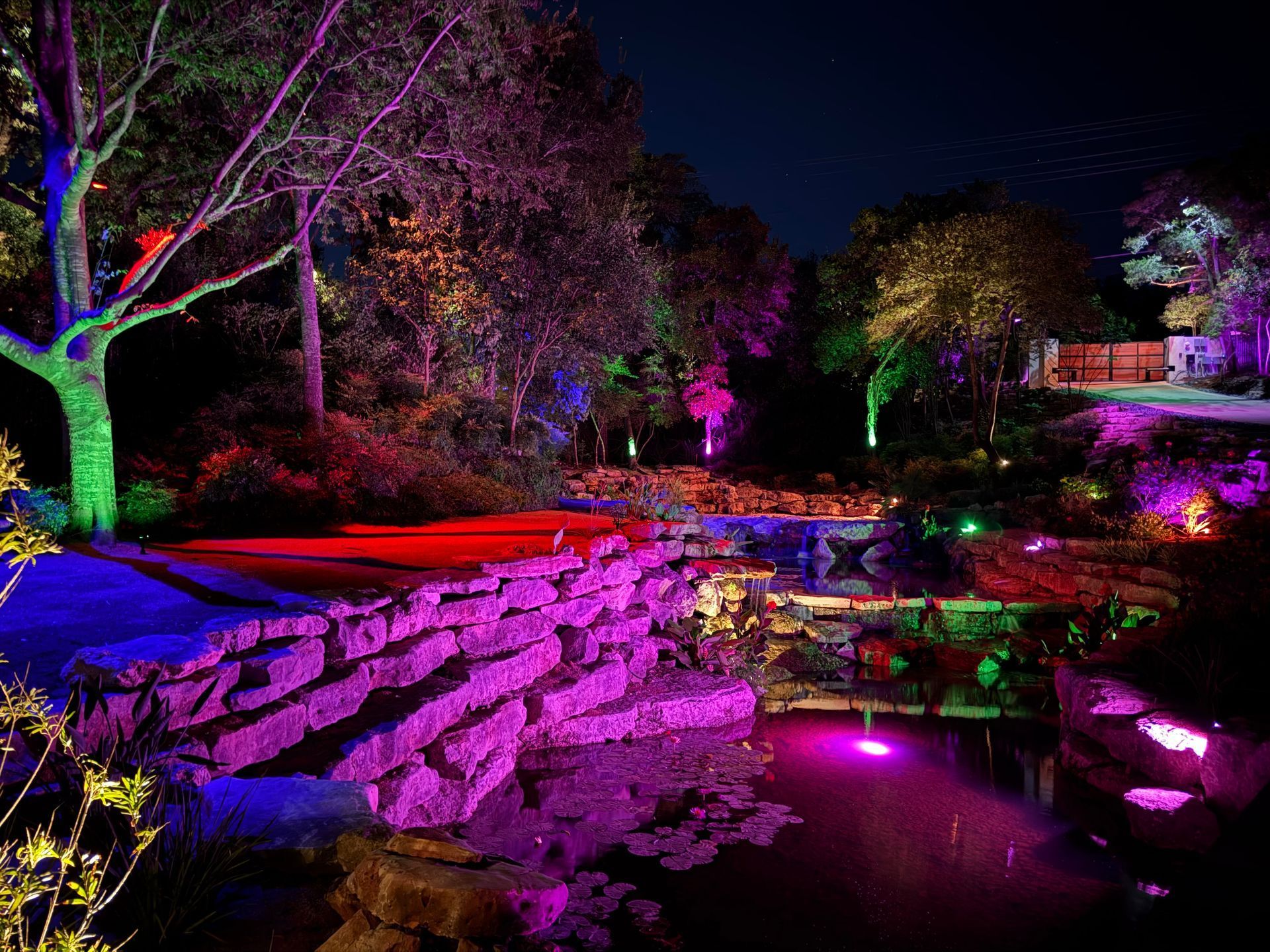 A nighttime garden scene illuminated with vibrant purple, green, and red lights reflecting in the water.