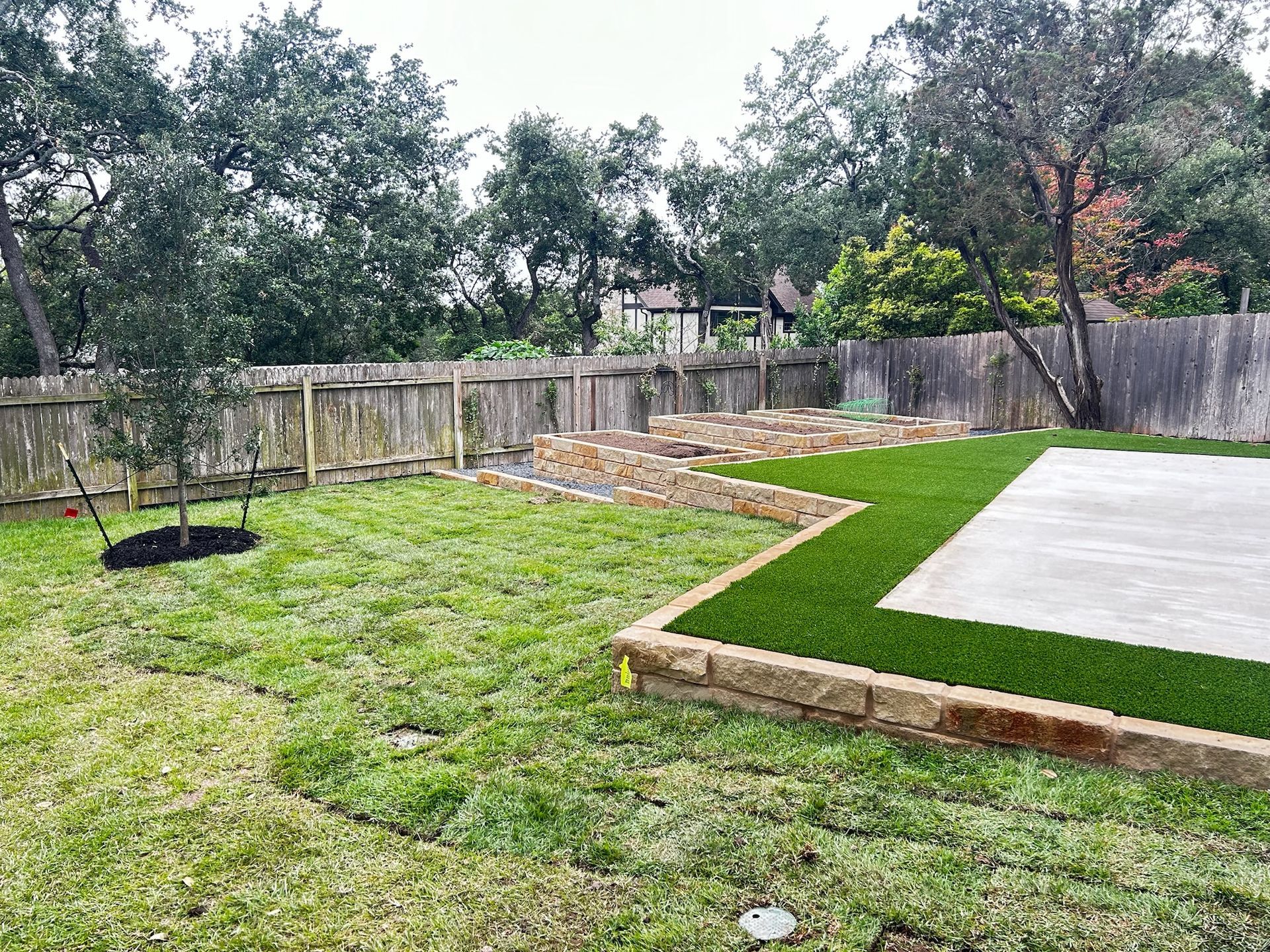 A backyard with a lot of grass and a fence.