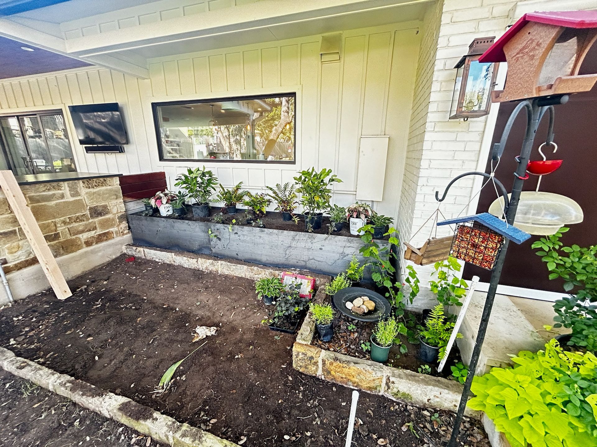 A garden with a bird feeder in front of a house.